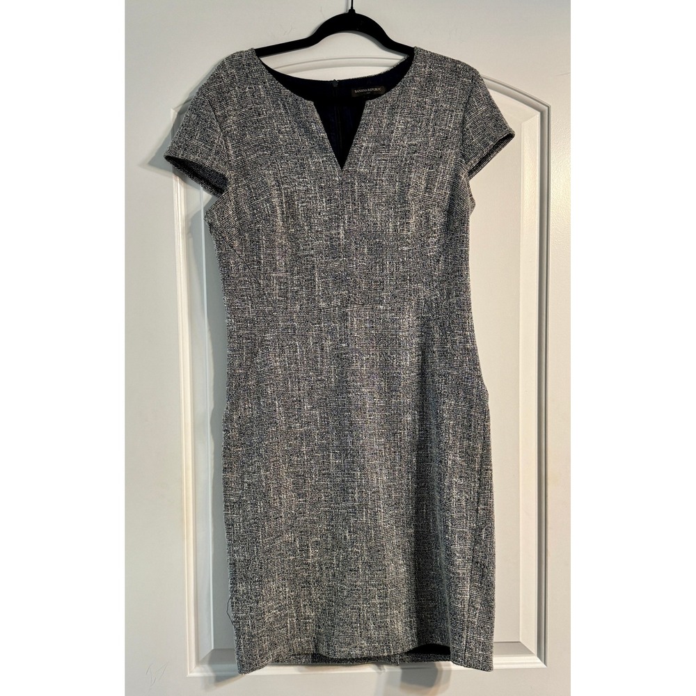 Banana Republic Sheath Dress Women 6‎ Navy Blue Textured V-Neck Cap Sleeve